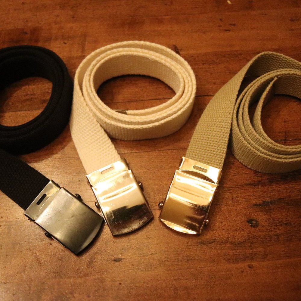 Lot of 3 military style canvas belts, ivory, beige , black 40 in